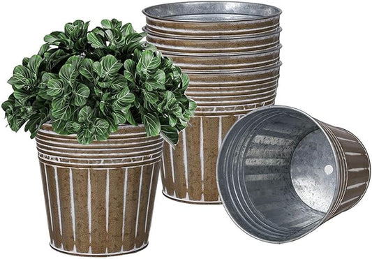 vensovo 5 Inches Brown Metal Rustic Flower Pots - 6 Pcs Small Galvanized Planters with Drainage Hole and Rubber Plug, Rustproof Tin Bucket Plant Pot Farmhouse Vintage Style for Decor