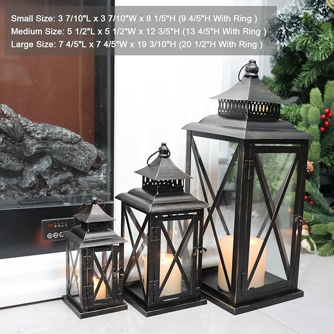 DECORKEY 3PCS (20’’&13’’&9’’) Lanterns Decorative Indoor & Outdoor, Vintage Metal Frame Candle Holders for Front Porch, Patio, Pathway, Balcony, Garden, Yard Decor, Halloween Christmas Decorations