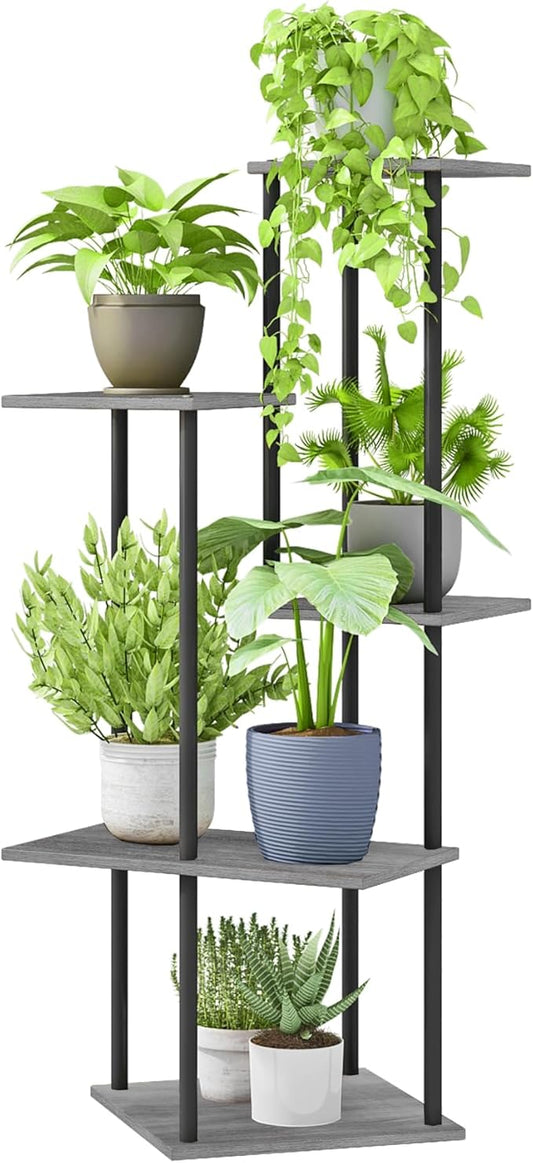 Plant Stand Indoor 5-Tier Metal Wood Plant Shelf for Multiple Flower Pots Corner Tall Flower Holders for Living Room Balcony Bedroom, Oak Grey