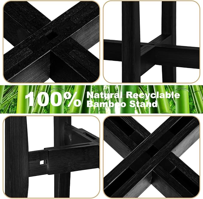 OERGKE Adjustable Plant Stand Indoor, Bamboo Mid Century Modern Plants Stands, Corner Flower Holder for Living Room, Fits 8 to 12 Inches Pots, (Pot & Plant Not Included)(Black, 1 Pack)