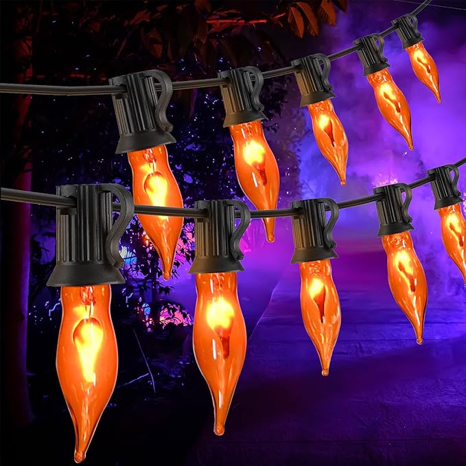 Flickering Flame String Lights Orange Halloween Lights with 10 Pack C7 Orange Flame Light Bulbs, 12.8Ft Orange Flame String Lights for Halloween Decorations for Home Party Yard