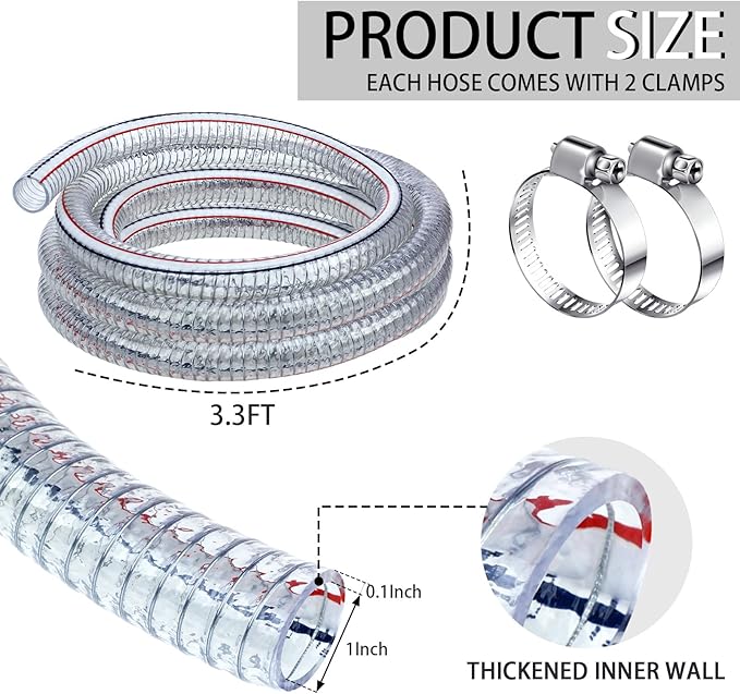 Frienda Heavy Duty Steel Wire Flexible Tubing with Fasteners PVC High Pressure Drain Hose Tube Pond Tubing Clear Wire Reinforced for Pond Bilge Pump Vacuum Suction Hose(3.3 Ft, 1 Inch Id)