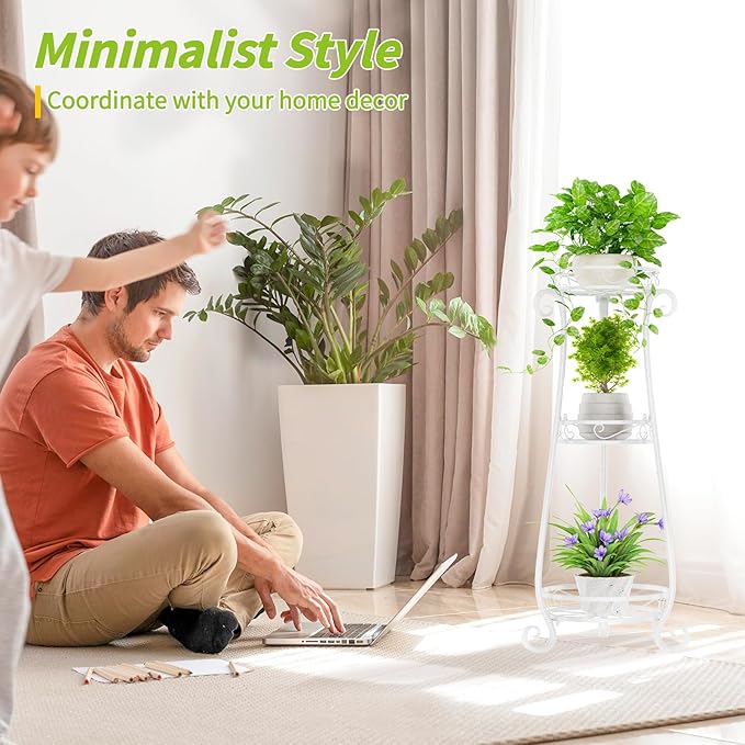 KMOTASUO 3 Tier Metal Plant Stand Indoor, 34 Inch Tall Corner Plant Stands for Indoor Plants, Flower Pot Holder Shelf Display Rack for Balcony Garden Patio Living Room(White)