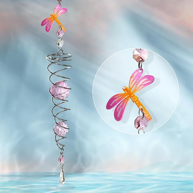 FONMY Dragonfly Gazing Ball Spiral Wind Spinner Sun Catcher Rainbow Maker Silver Spiral W/Pink K9 Crystal Ball Tree Hanging Ornament Indoor Outdoor Garden Decor. 19.5inch H