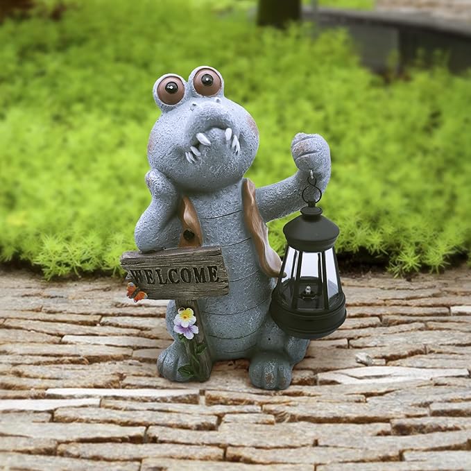 Solar Crocodile Decor-12.6 in Outdoor Statues for Garden,Patio,Porch,Balcony,Backyard or Lawn Decor- Birthday Gifts for Women
