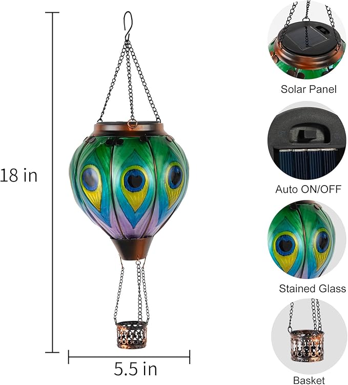 Peacock Hot Air Balloon Hanging Solar Lantern Lights, Flickering Flame Solar LED Candle Lights Outdoor Garden Decorative Metal & Glass Waterproof Lanterns for Yard Patio Farmhouse Decoration