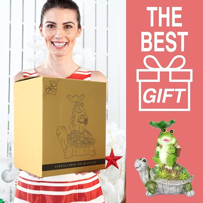 Solar Garden Statues Garden Decor Figurine Lights for Outside,Frog Gardens Statue,Fairy Garden Accessories,Valentine's Day Gift,Lawn Decor Tortoise Statue for Patio,Balcony,Yard Ornament