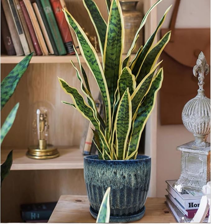 Ceramic Pots for Plants, 6 inch Pots for Plants, Ceramic Planters for Indoor Plants, Flower Pots with Drainage and Saucer, Reactive Glaze Blue