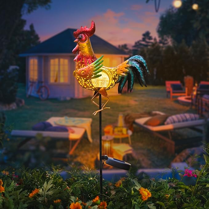 Tryme Rooster Solar Lights Outdoor Decorative Garden Statue Gifts for Chicken Lovers Women Mother Metal Yard Art for Lawn