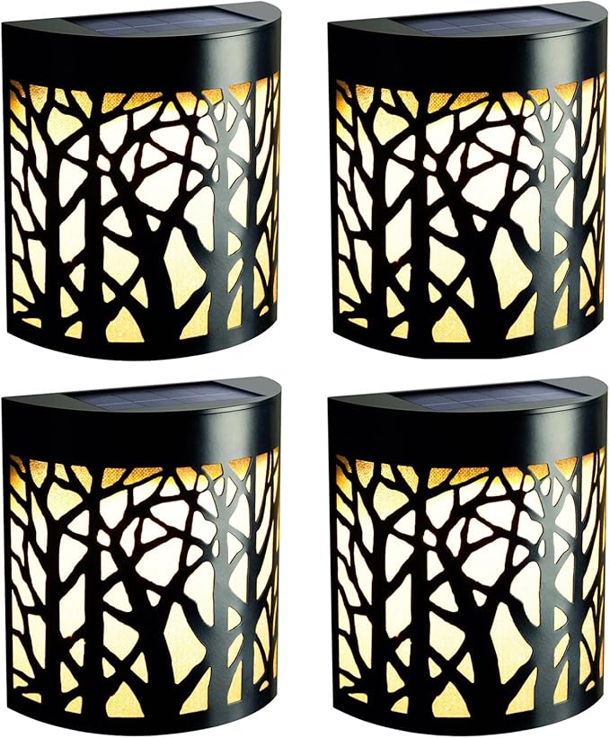 DenicMic Solar Wall Lights Outdoor Wall Sconce Fence Lighting for Patio Front Door Yard Deck Stair Led Forest Decorative Lamps, Waterproof, Warm White/Color Changing (4 Pack)