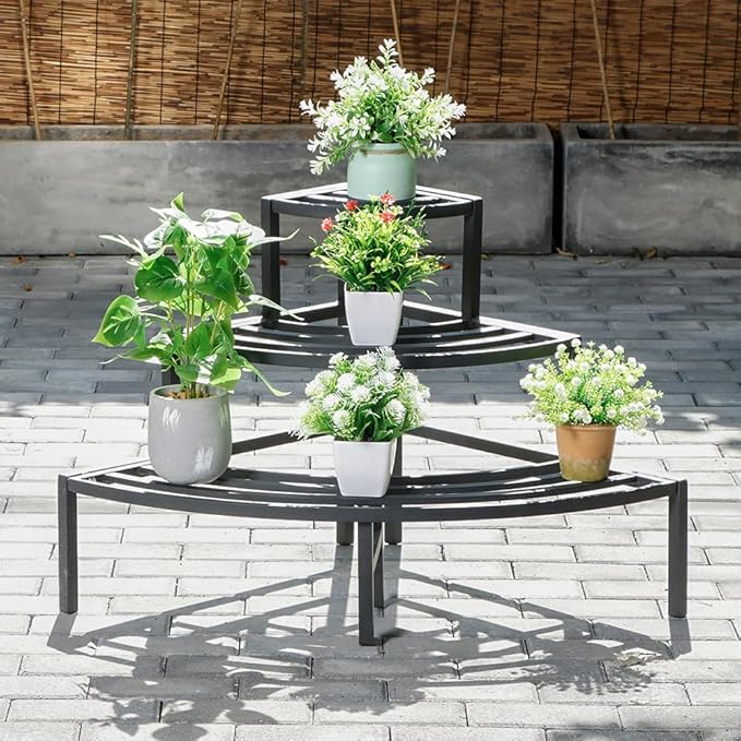 Black Corner Plant Stand - 3-Tier Space Saving Flower Pot Rack - Rustproof & Weather Resistant Indoor/Outdoor Ladder Display Shelf for Patio, Garden, Yard, Balcony