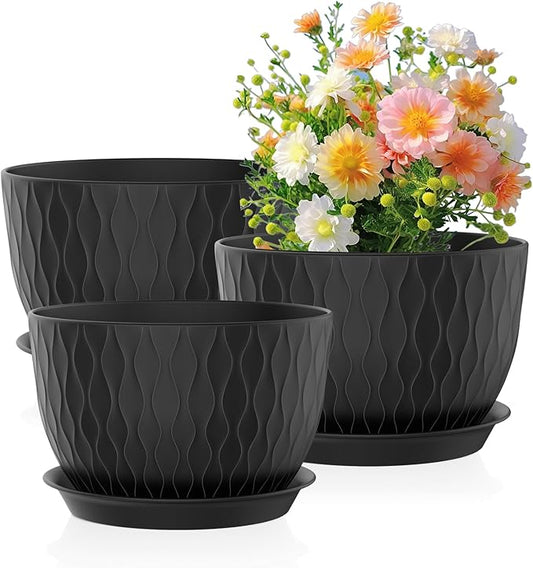 Large Plant Pots 12/10/9 inch, 3 Pack Wide Flower Pots for Outdoor Indoor Plants with Water Ripples, Big Plastic Planters with Drainage Holes and Saucers for Garden House Plants, Black