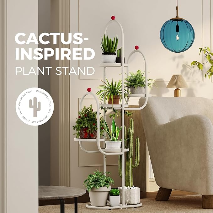 Bamworld Cactus Christmas Tree Home Decor Plant Stand Indoor for Succulents Cactus Shelf Metal Plant Shelf Outdoor Corner Tall Flower Pot for Patio Garden Balcony Living Room Decor White