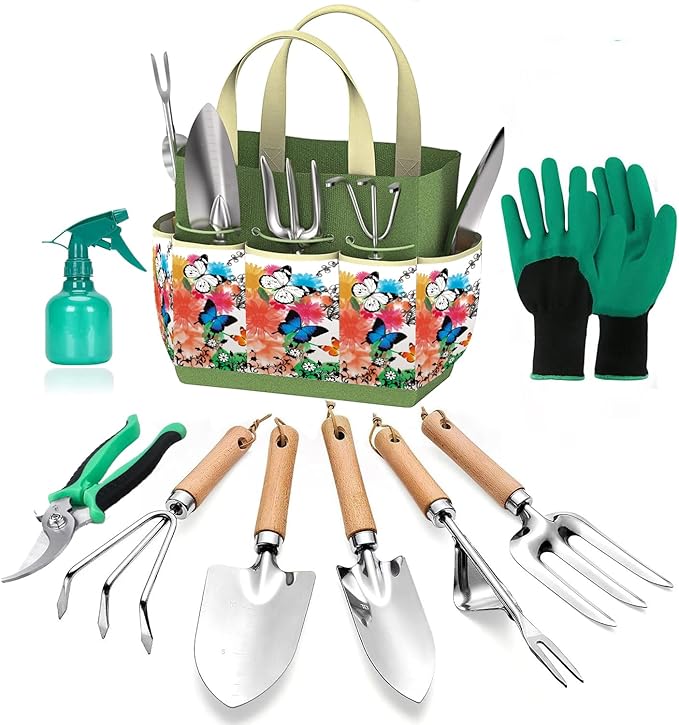 Gardening Tools Set of 9 - Complete Heavy Duty Garden Tools Set with Fashion Handbag - Durable Gardening Supplies Kit Ideal Gifts for Women