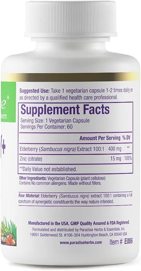Paradise Herbs Elderberry with Zinc Extract, 60 Vegetarian