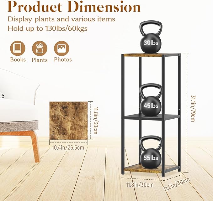 KMOTASUO 3 Tier Tall Plant Stands Indoor, 31 Inch Metal Wood Corner Plant Stand for Indoor Plants, Square Flower Pot Holder Shelf Display Rack for Balcony Garden Patio Living Room(Rustic Brown)