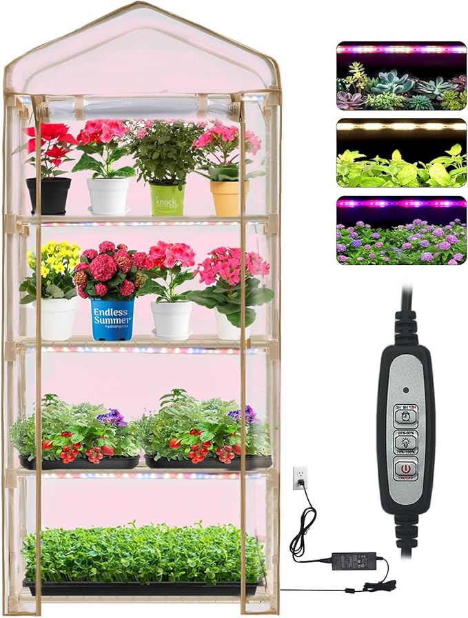 Mini Greenhouse with Grow Light , 4 Tier 27.2" ×19.9" ×61.8" Portable Greenhouse with Zippered for Seed Starting Trays , Dimmable 2ft 60W Plant Light for Indoor Plant with Timer(PLGH704OWPT)