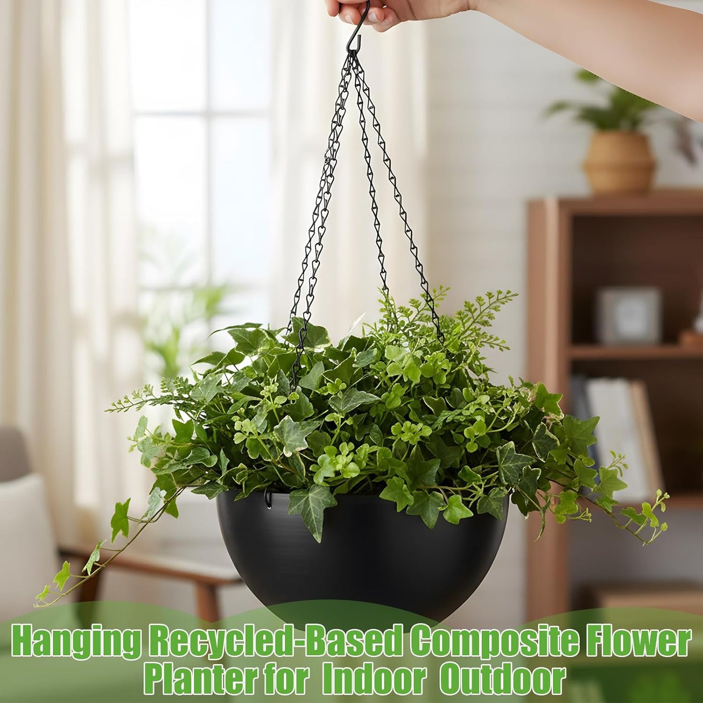 10 Inch Recycled Based Composite Hanging Planters for Indoor Outdoor Plants with Drainage Holes and Chain Round Hanging Flower Pot Planter for Garden Home Porch Decor, Black