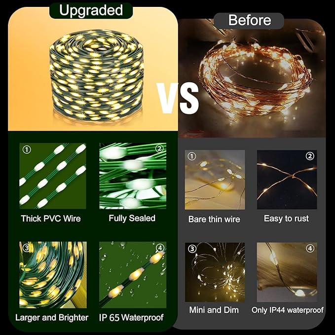 Solar Christmas Lights, 640 LED Solar String Lights 203ft 19 Modes Outdoor String Light for Xmas Trees, Festival, Balcony, Garden Decoration,Warm White