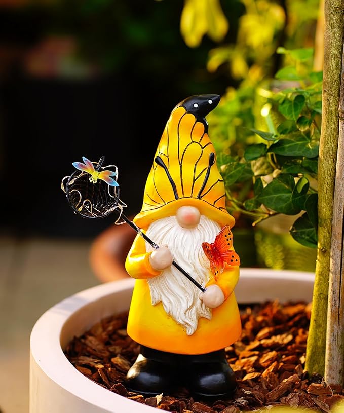 Solar Gnome Statues Outdoor Decor: Garden Figurines Sculpture with Glowing Butterfly and Catching Dragonfly for Yard Porch Patio Balcony - Gifts for Mother Grandma