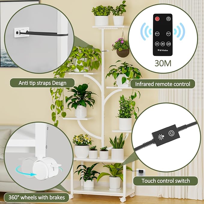 Plant Stand Indoor with Grow Lights, 60" Tall 7-Tier Metal Plant Stand with Wheels & Tree-Shaped Design for Indoor Plants, Flower Holder Display Rack for Home, Patio - White