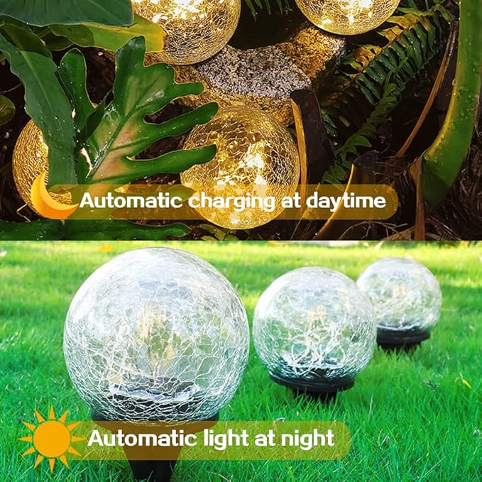 TOMEX 4 Pack Solar Garden Lights, Cracked Glass Ball Waterproof Warm White LED for Outdoor Decor Decorations Pathway Patio Yard Lawn, 4 Pack (4.7")
