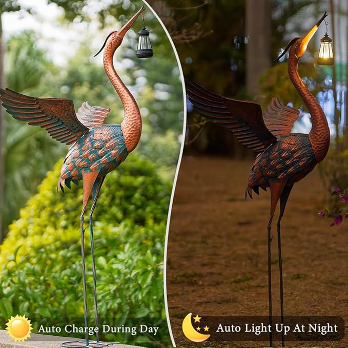 48'' Heron Garden Statue, Large Crane Outdoor Statue with Solar Lantern, Crane Bird Metal Yard Art for Outside Backyard, Pond, Porch Decor