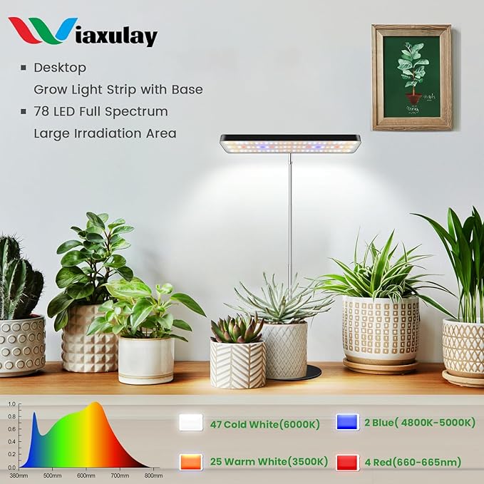 Wiaxulay Grow Lights for Indoor Plants Full Spectrum, 78 LED/11 in Desktop Plant Grow Light with Metal Base, Height Adjustable 7.8-26 in, 3 Lighting Modes, Auto Timer 6/12/16 Hrs, 5 Brightness,1 Pack