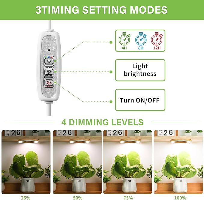 LORDEM 6.3" Bamboo Ceiling Grow Lamp for Indoor Plants, 216 LEDs Full Spectrum Halo Plant Light, Under Cabinet Grow Lights with 4/8/12H Auto Timer Switch Modes, 4 Dimmable Brightness Levels, Tri Head