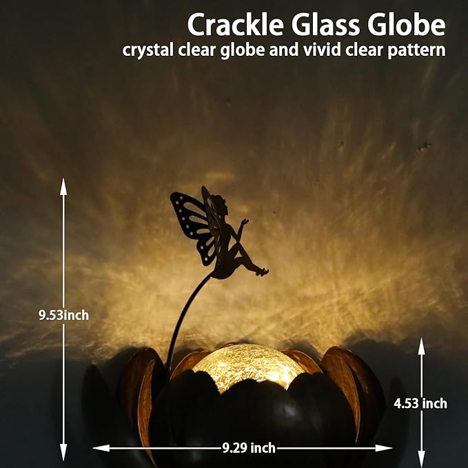 MUMTOP Solar Lights Fairy Garden Decor, Waterproof Metal Solar Lanterns Outdoor Crackle Globe Glass Lotus Flower Table Lamp for for Patio Pathway Yard Balcony Garden Decorations