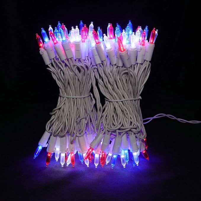MULTI-SPARKING Red White and Blue LED Christmas Lights - 100 Count 4th of July Patriotic String Lights for Tree, Party, Independence Day Decorations, 33 Feet White Wire, UL Certified, Connectable