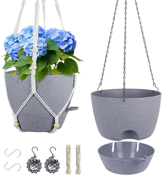 Self Watering Hanging Planters 10 inch, 2 Pack Hanging Flower Pots for Indoor Outdoor Plants, Hanging Baskets with Drainage Holes & 2 Kinds of Plant Hangers for Garden Decor, Speckled Grey