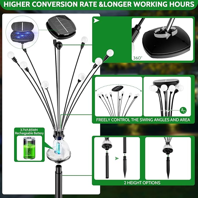 AOSEA Solar Garden Lights Outdoor, Solar Fairy Sway by Wind, RGB Color Firefly for Patio Pathway Outdoor Garden Yard Sidewalk Decoration, Gardening Gifts for Outdoor Lighting (4 Pack)