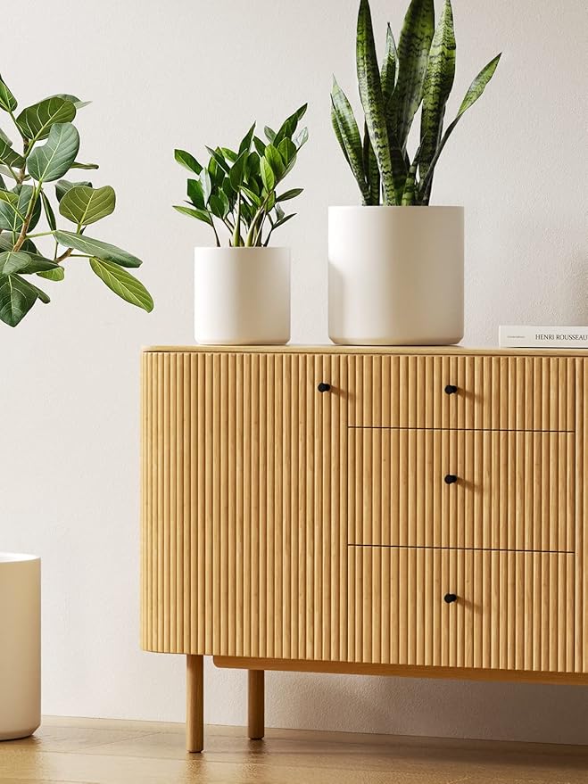 LE TAUCI Ceramic Pots for Plants, 10+8+6 Inch Indoor Plant Pots, Modern Planters for Indoor Plants Home Office, Cylinder Round Planters with Drainage Hole and Plug, Set of 3, White