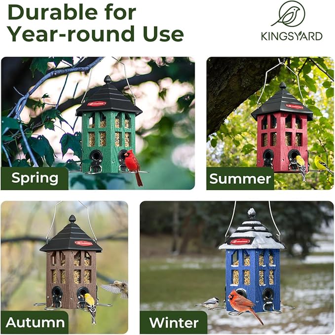 Kingsyard Wild Bird Feeder for Outdoor Hanging, Recycled Plastic Bird Feeders with 6 Ports & U-Shape Perch, Garden Yard Outside Decoration, 3.5 lbs Seed Capacity, Red