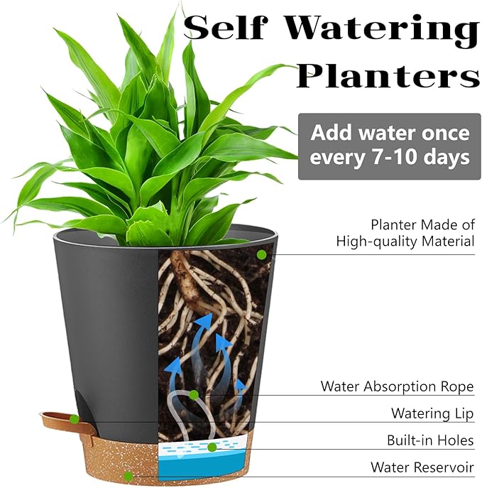 Plant Pots Self Watering Planters with Drainage Hole and Reservoir Large Flower Planting Pots for Indoor Outdoor Plants Plastic Succulent Pot Gift Idea 2 * 12Inch