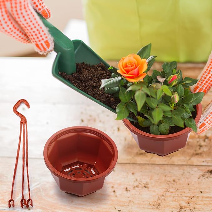 Roshtia 24 Pcs Hanging Plastic Planter Pot with Hook Flower Pots Baskets Hanging Nursery Planter Holder for Outdoor Indoor Plant Garden(Brown,6.7 Inch)