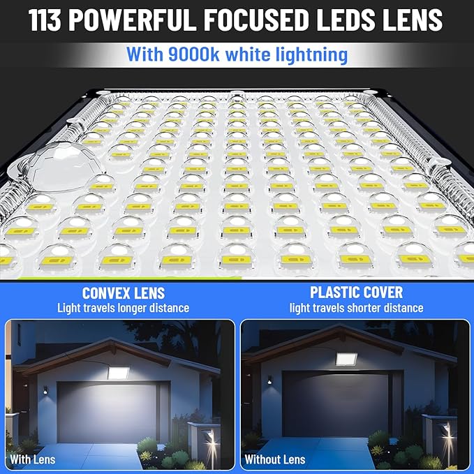 Outdoor Solar Lights,113 Powerful LED Lenses with 9000k Cool White Light, Solar Security Lights Indoor 5 Meters Long Wire, Works Upto 24 HR on Mode 3, Comes with 2 Year Warranty.
