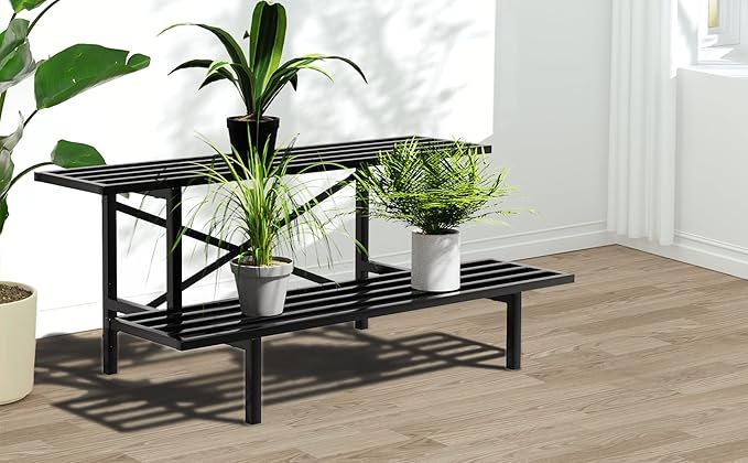 Zhongma 2 Tier Sturdy Metal Plant Stand Heavy Duty Plant Holder for Home Indoor and Outdoor, L35.43 x W17.5 x H14 inch, 440 LBS Capacity & Heavy Duty Construction.
