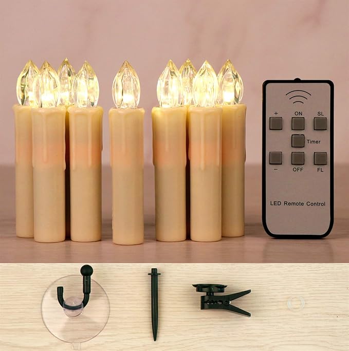Set of 10 Ivory Flameless Window Candles, 4”H Battery Operated LED Flickering Taper Candles with Remote and Timer, Warm White Candlelight, Ideal for Chandelier/Birthday/Christmas/Party Decor