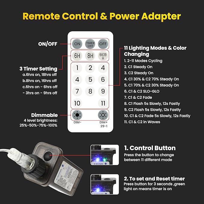 Color Changing 75ft 200 LED White & Multicolor Christmas String Lights with Remote, 11 Modes Twinkle Lights Waterproof for Christmas Party, Garden, Holiday, Xmas Tree Decor