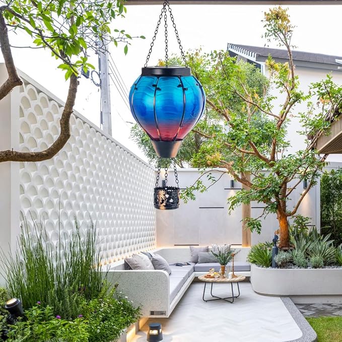 Starsoul 2 PC Blue Hot Air Balloon Solar Lantern Glass Solar Hot Air Balloon Flickering Flame Hanging Garden Light Waterproof Garden Yard Farmhouse Decor