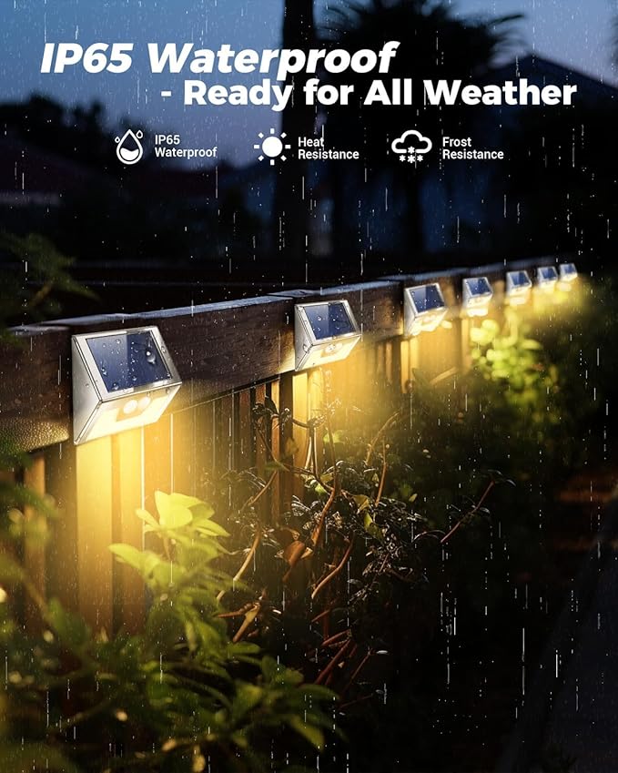 12 Pack Solar Lights Outdoor Motion Sensor, Waterproof Fence Lights 3 Lighting Mode, Warm White LED Outside Lights Wireless for Fence Wall Yard Steps Stairs Garden - Stainless Steel