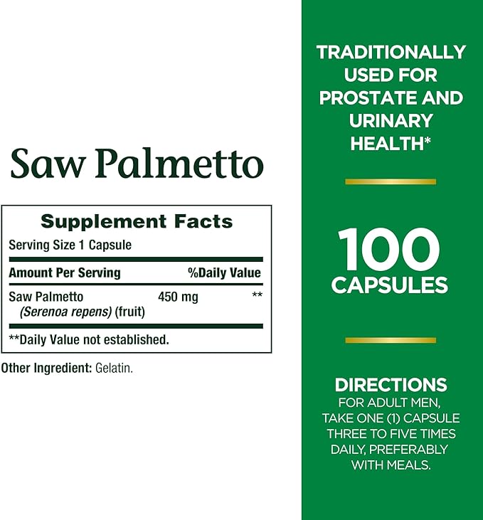 Nature's Bounty Saw Palmetto, Herbal Health 450 mg, 100 Capsules