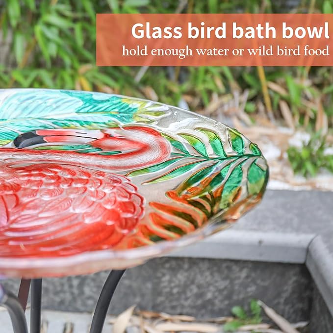 VCUTEKA 18" Outdoor Glass Birdbath with Sturdy Metal Stand for Lawn, Yard, or Garden Decor Bird Lovers Gift, Flamingo Bird Bath Detachable, 22" Height