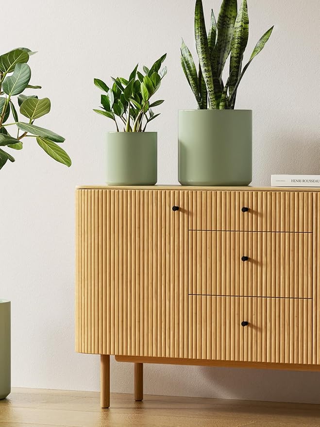 LE TAUCI Ceramic Plant Pots Indoor, 10+8+6 Inch Planters for Indoor Plants, Mid-Century Modern Pots with Drainage Hole and Plug, Cylinder Round Planters, Set of 3, Sage Green