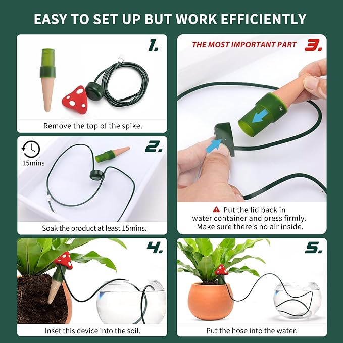 BYDOLL Plant Self-Watering Stakes Automatic Watering Terracotta Spikes for Indoor Outdoor Plants,Houseplant Mushroom Insert Devices for Vacation use,Bonsai Drip Irrigation System (5 Pack)