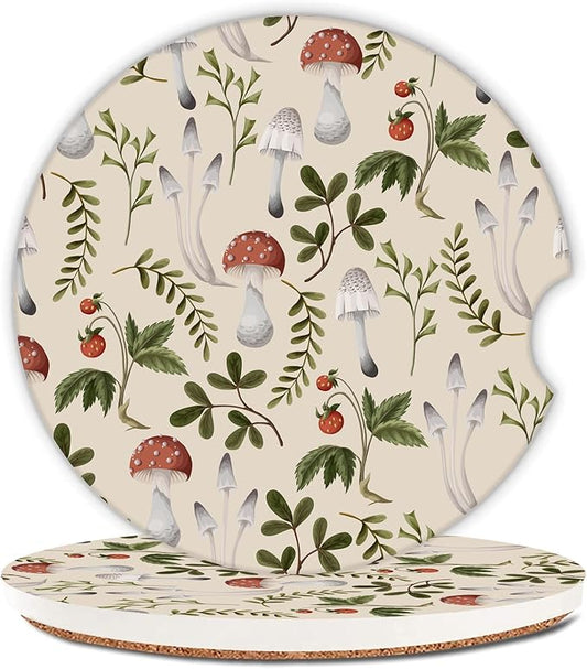 Vintage Mushroom Strawberry Car Coasters,Ceramic Absorbent Cup Holders with Finger Notch & Cork Base Car Assecories for Women/Men 2.6"(2 Pieces)