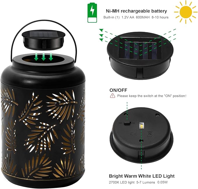 Glitzhome Solar Lantern Black Metal Cutout Leaf Outdoor Hanging Solar Light with Handle for Garden Patio Yard Outdoor Decor