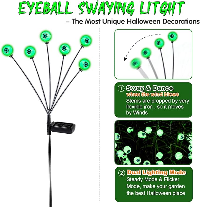 TONULAX Halloween Decorations Outdoor, 2 Pack Upgraded Solar Scary Eyeball Lights with Dual Lighting Modes, Swaying Firefly Lights, Solar Pathway Light for Yard, Garden,Yard Decor, Party (Green)